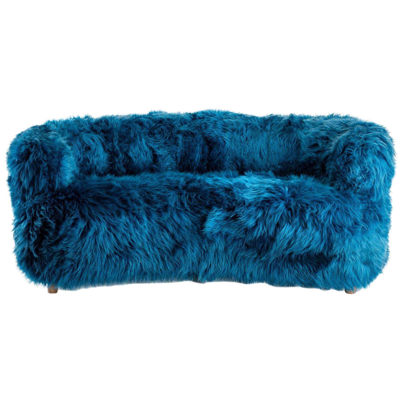 Scandinavian Vintage Sofa, Turquoise Sheepskin Upholstery For Sale