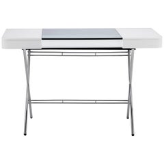 Contemporary Cosimo Desk by Marco Zanuso Jr. White Mat Lacquered and Glass Top