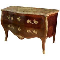Bombe Commode, Louis XV Style, Marble, Marquetry, Beginning 20th Century