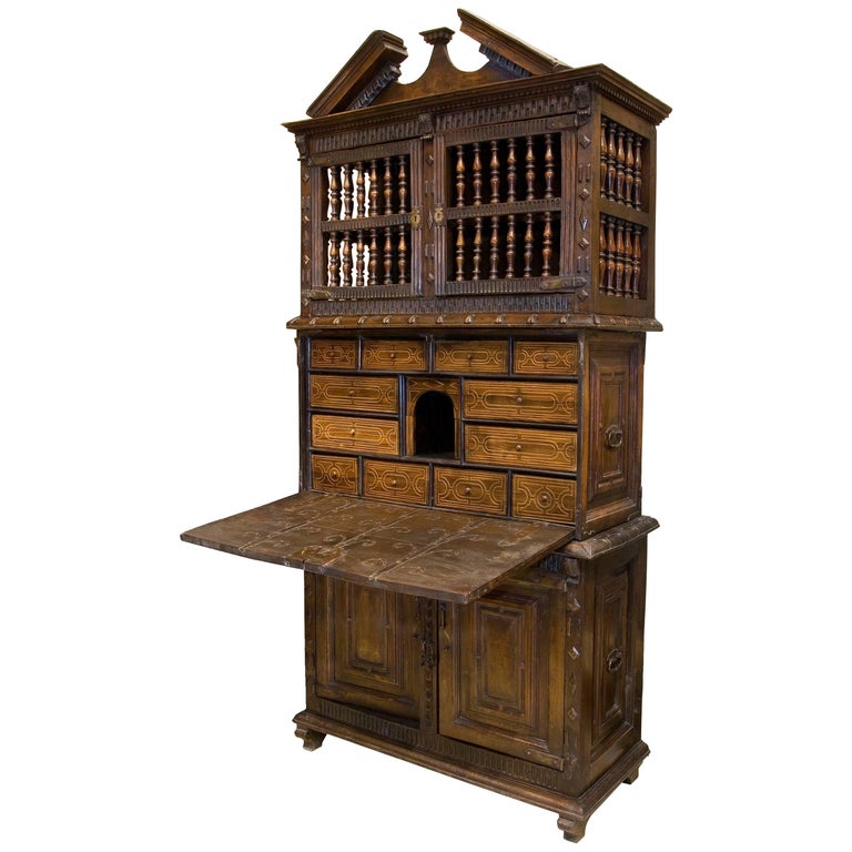 Cupboard with Writing Desk, Wood, Wrought Iron, Asturias, Spain 17th Century For Sale
