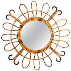 French Riviera Handcrafted Rattan and Bamboo Sunburst Mirror, France 1950s