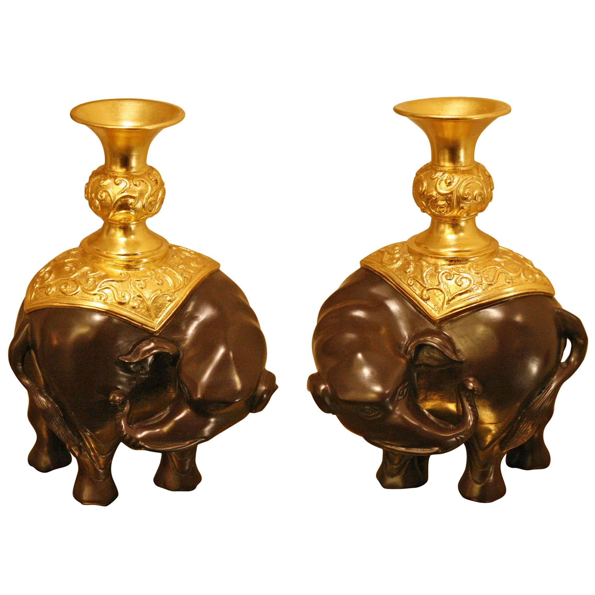 Indian Elephants Set of Two Sculptures with Gilded Bronze