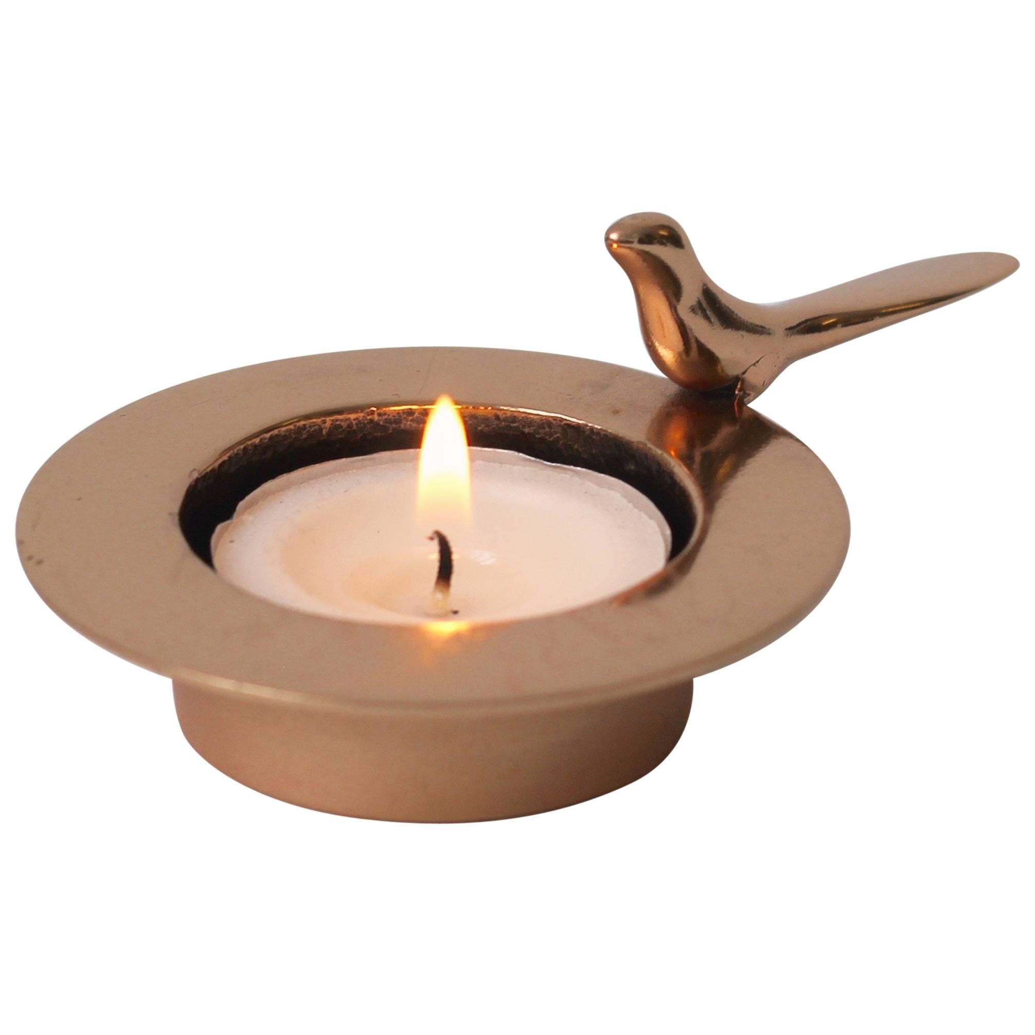 Handmade Cast Bronze Bird Tea Light Candle Holder with Polished Finish