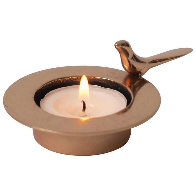 Handmade Cast Bronze Bird Tea Light Candle Holder with Polished Finish For Sale