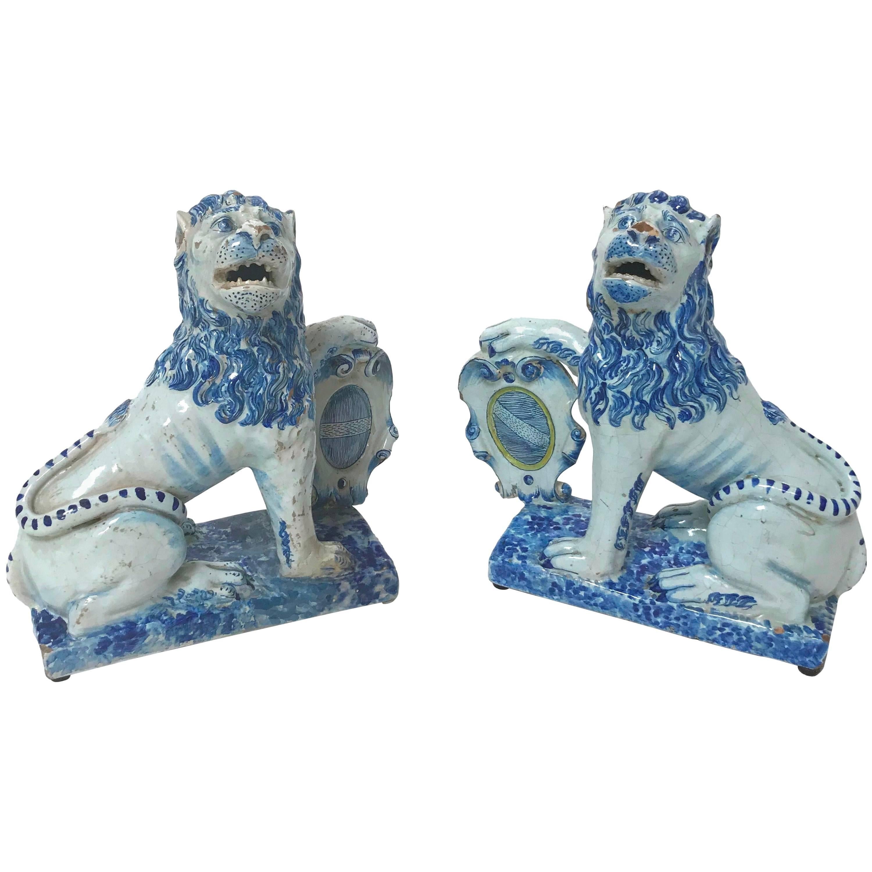 Pair of 18th Century French Faience Lions