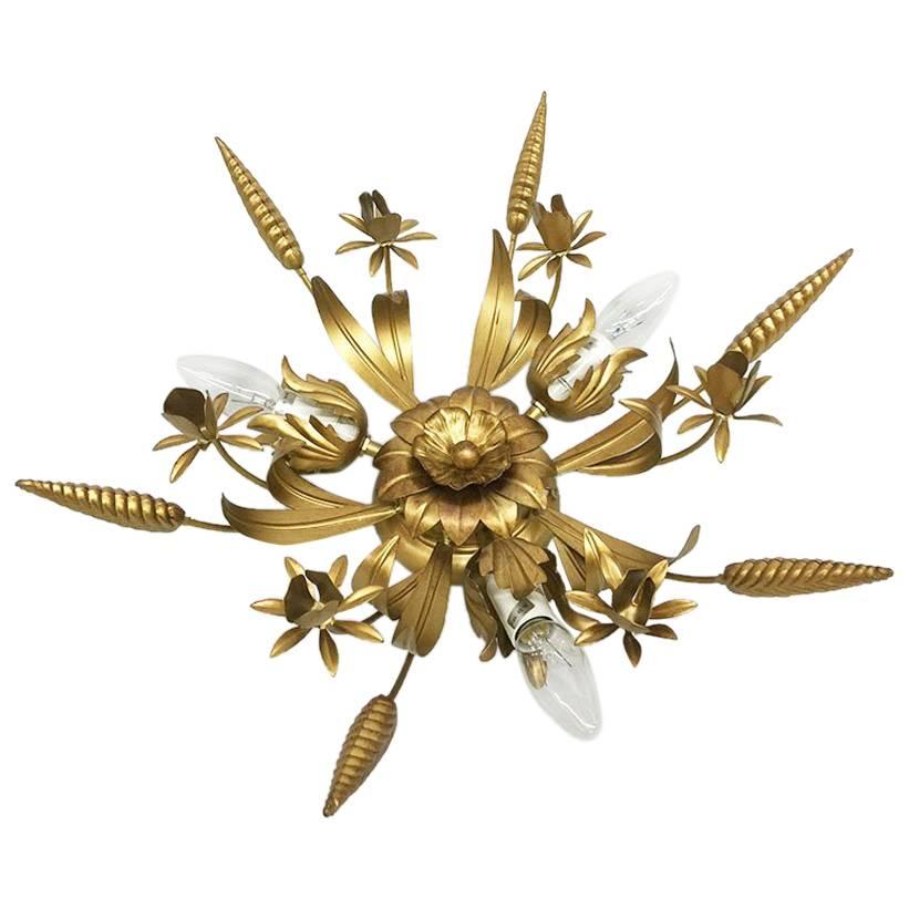 Gilt metal floral ceiling lamp by LS Luce, Italy, 1980s For Sale