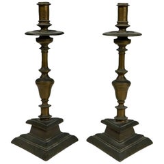 Pair of Bronze Candlesticks with Triangular Bases, 18th Century