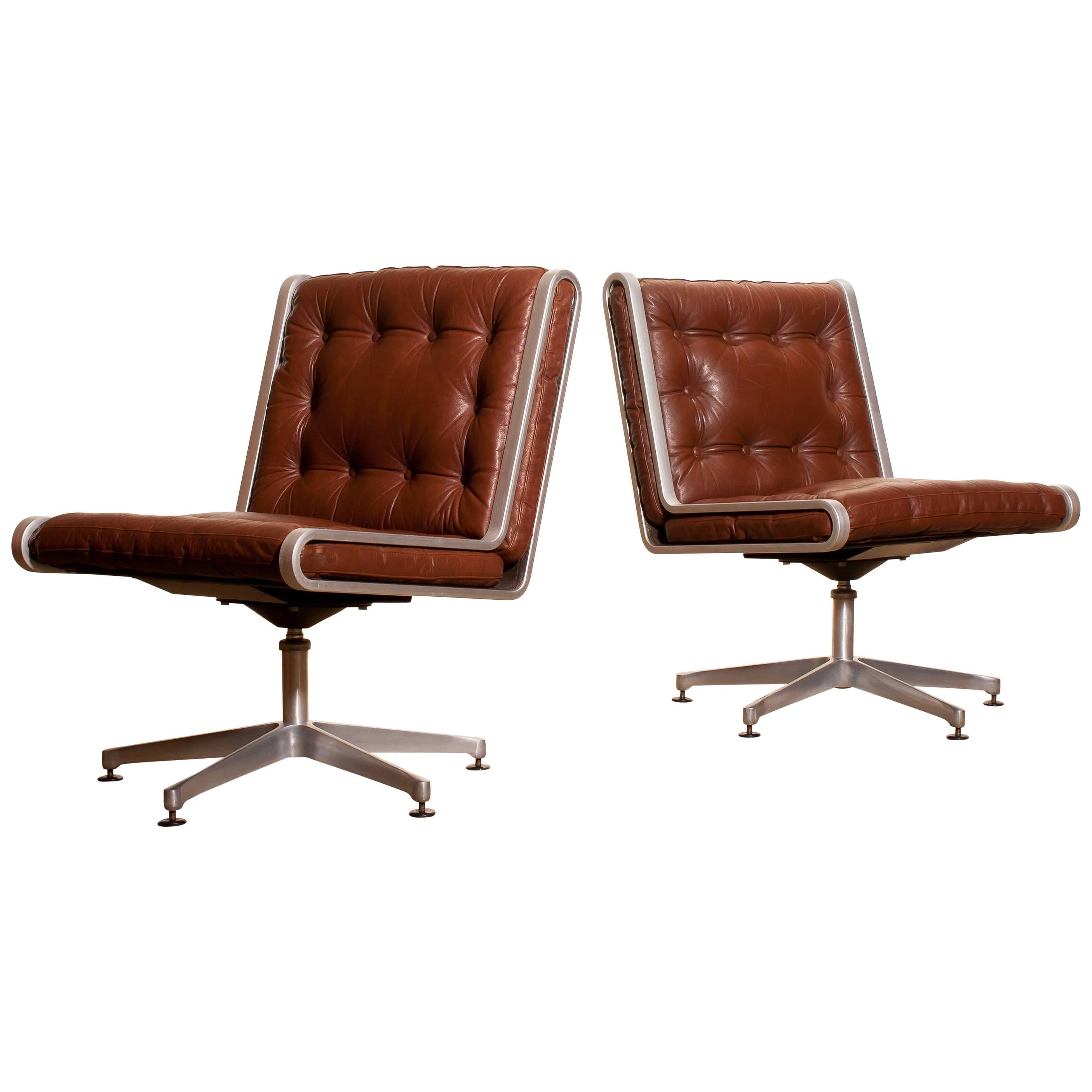 1970s, Pair of Leather and Aluminium Swivel Chairs