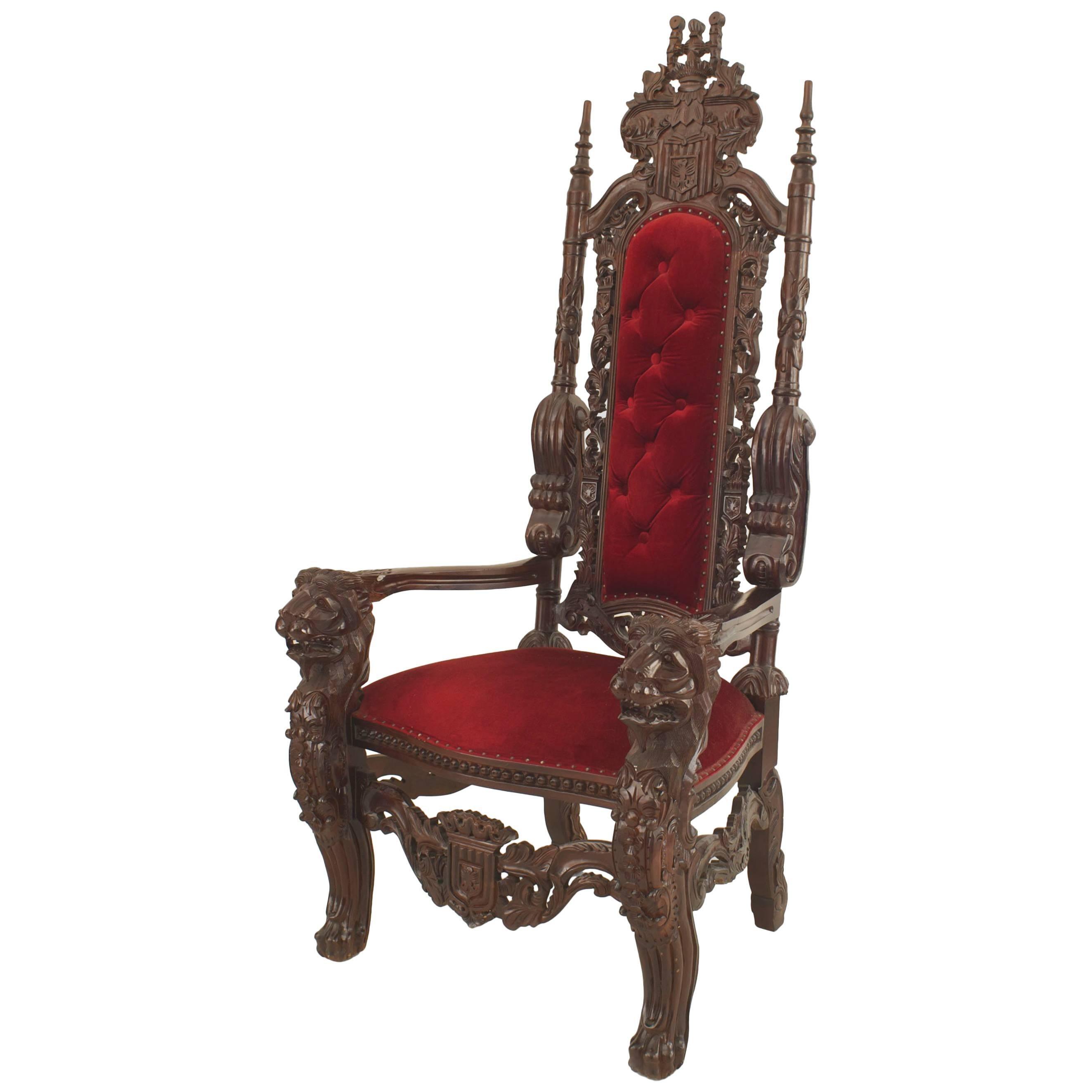 Chaise trône italienne de style Renaissance en velours rouge en vente