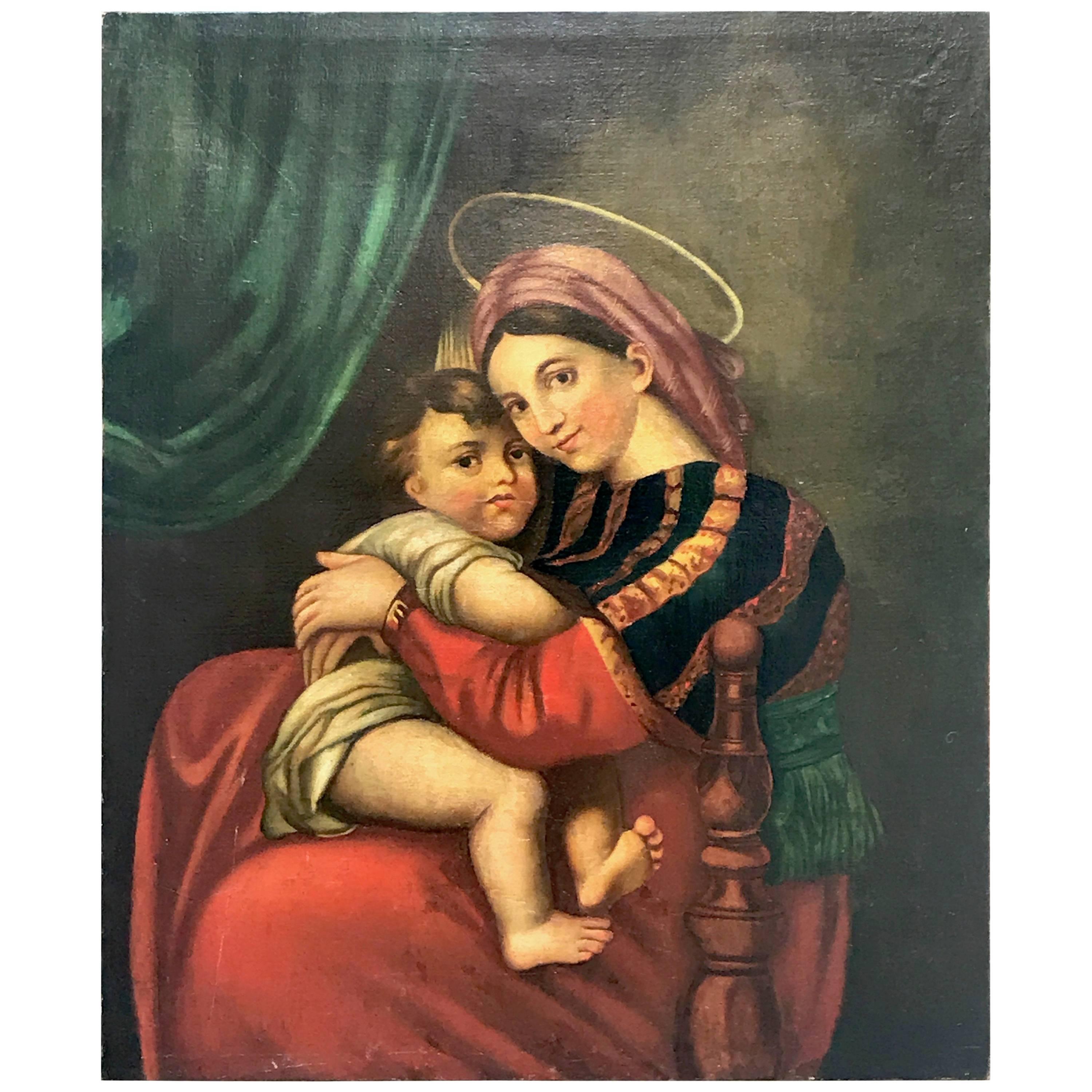 19th Century Italian Madonna of the Chair after Raphael Oil on Canvas Painting