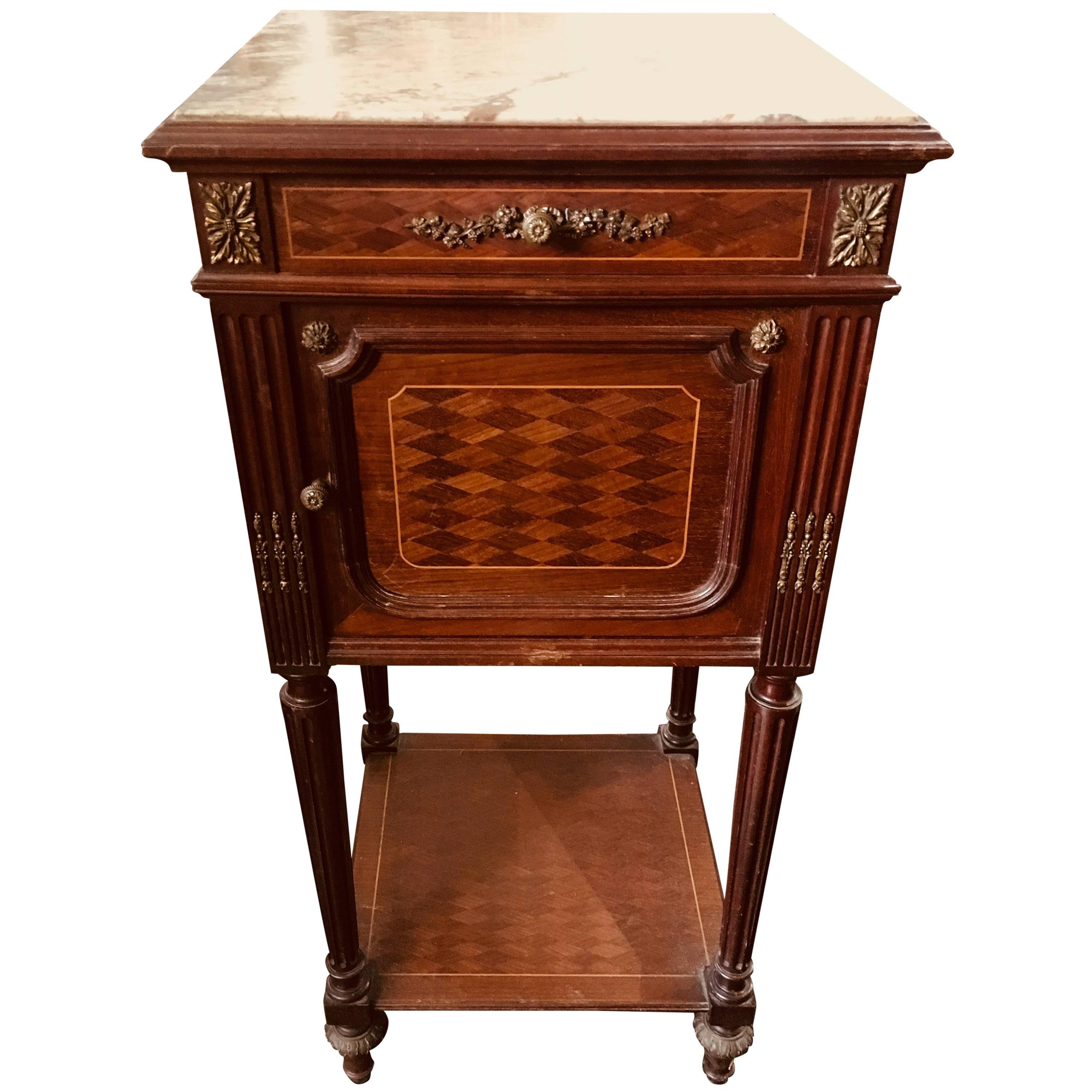 19th Century Mahogany Marble-Top Nightstand with Bronze Decoration