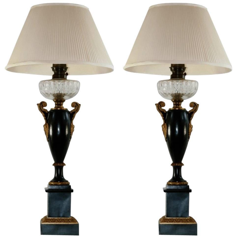 French Neoclassical Gilt Bronze Urn Form Table Lamps with Marble Base For Sale