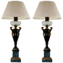 French Neoclassical Gilt Bronze Urn Form Table Lamps with Marble Base