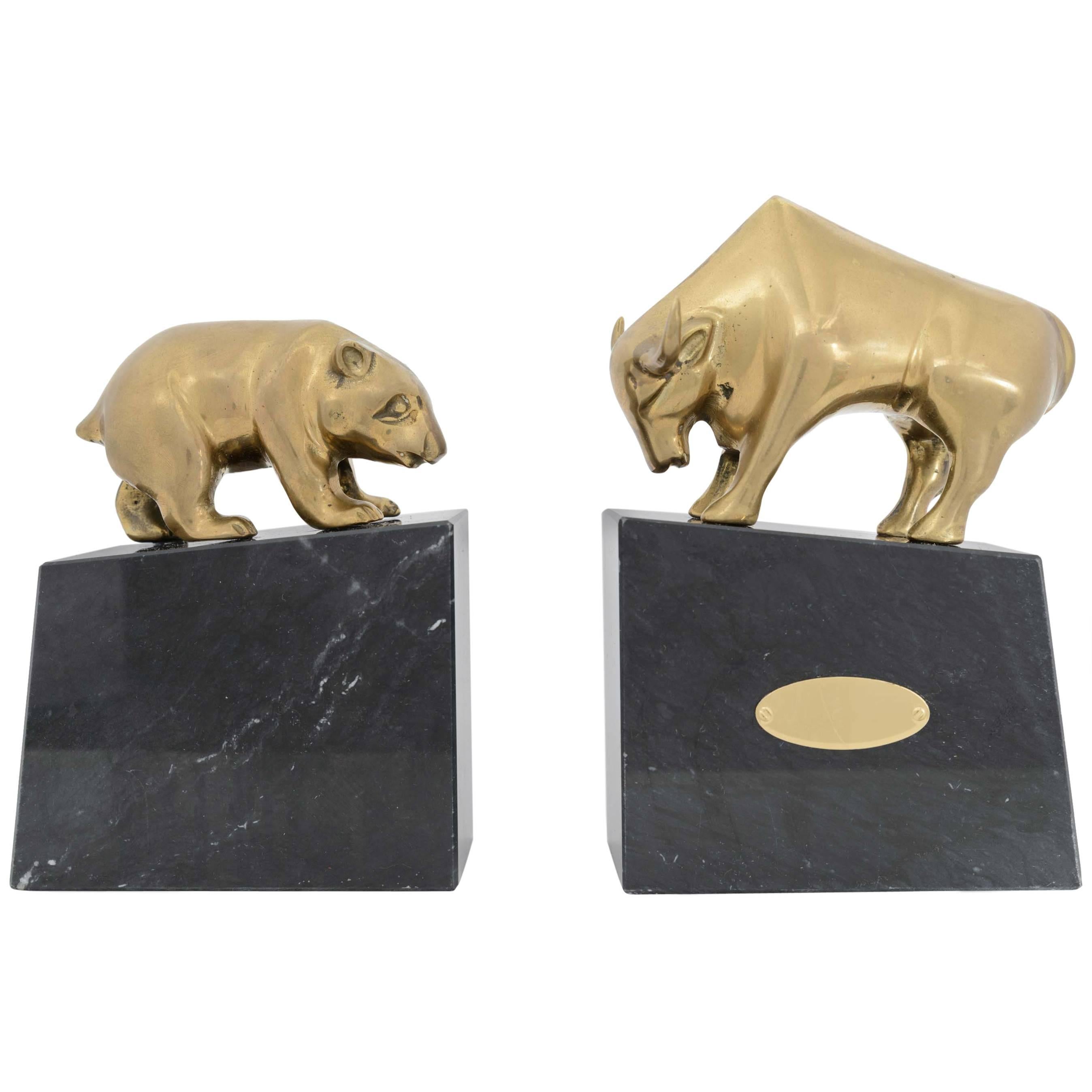Pair of Art Deco Brass Bull and Bear Bookends