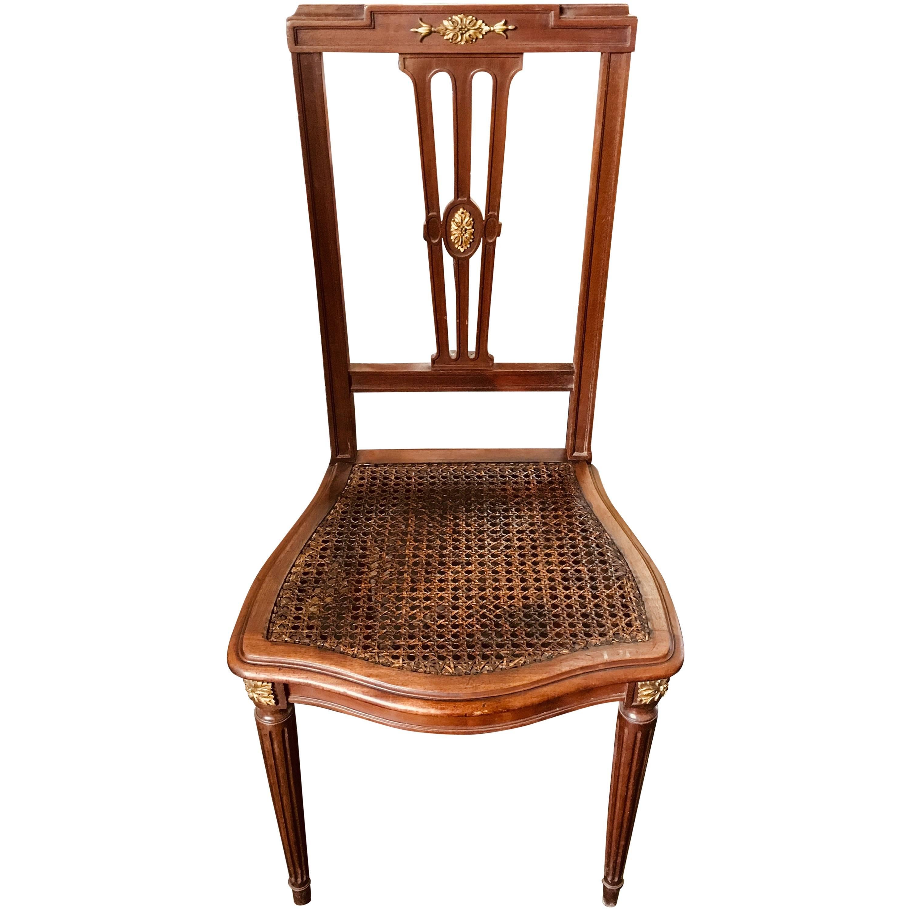 19th Century Mahogany Side Chair with Cane Seat and Bronze Decoration For Sale