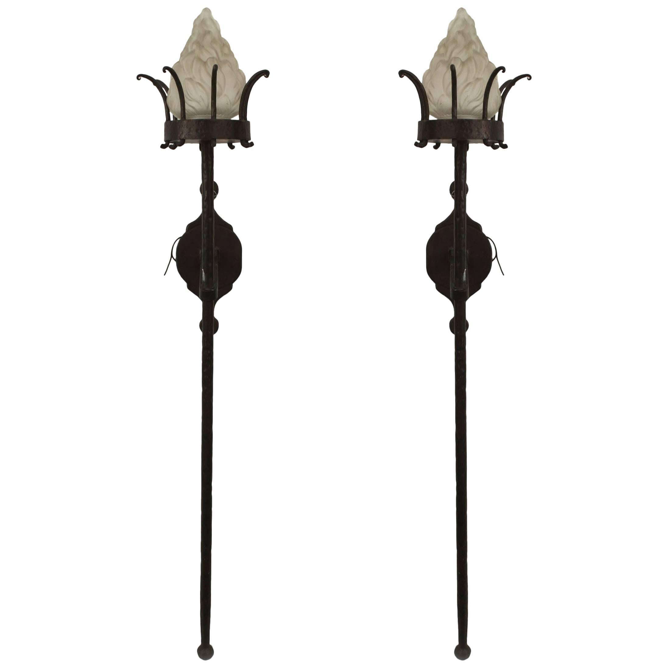 4 Italian Renaissance Style Wrought Iron and Glass Torch Wall Sconces