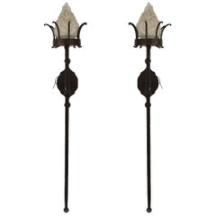 4 Italian Renaissance Style Wrought Iron and Glass Torch Wall Sconces