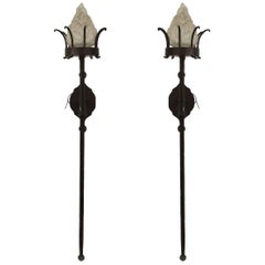 4 italienische Fackel-Wandleuchter aus Schmiedeeisen und Glas im Renaissance-Stil