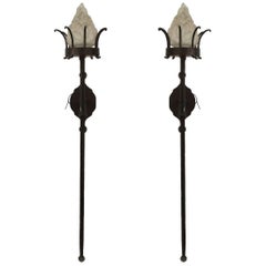 Used 4 Italian Renaissance Style Wrought Iron and Glass Torch Wall Sconces