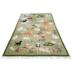 20th Century Unique Handmade Double-Sided Wool Carpet with Cats and a Dog