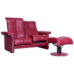Used Ekornes Stressless Soul Sofa Red Leather Two-Seat and Footstool