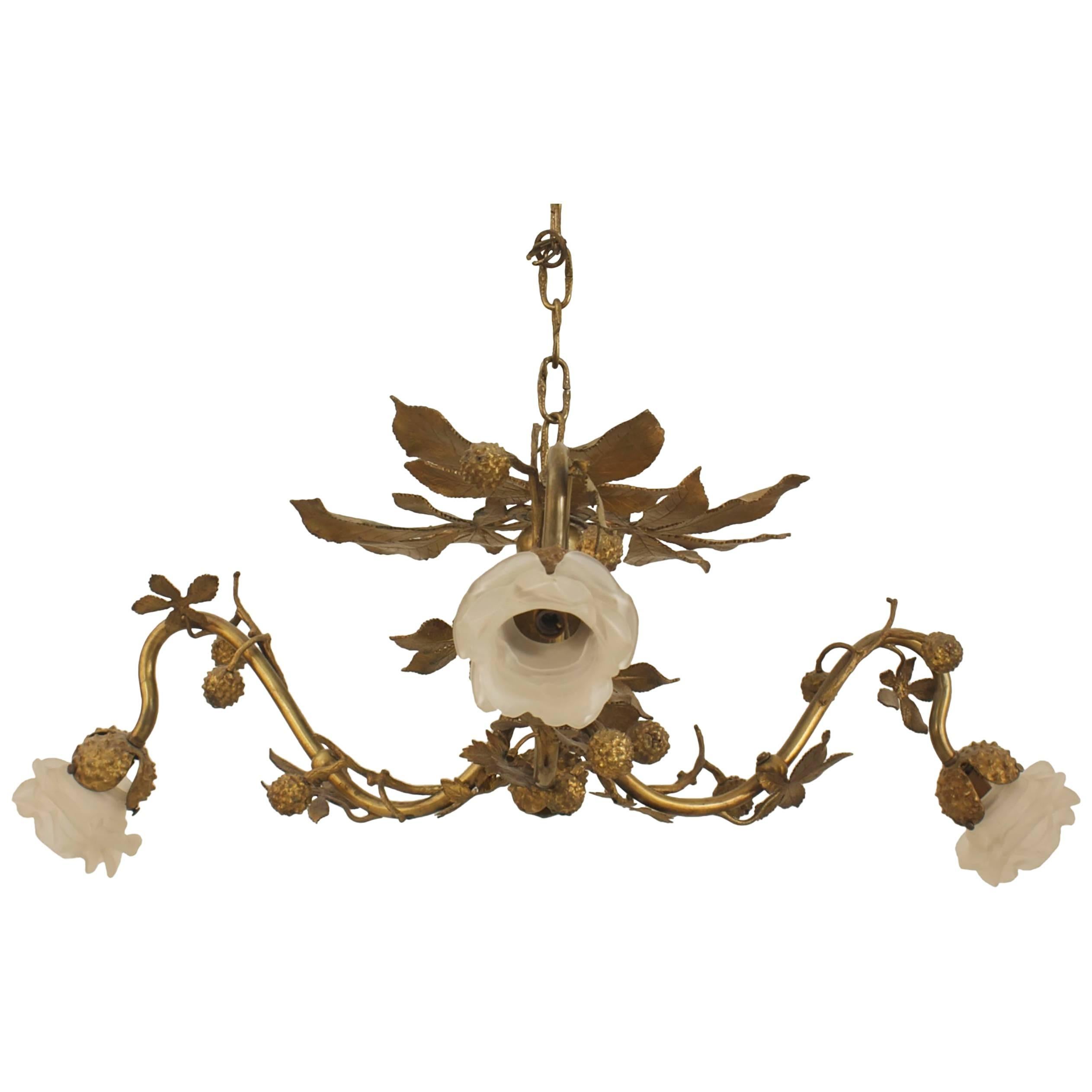 Art Nouveau Style Gilt Metal Rustic Foliate Chandelier