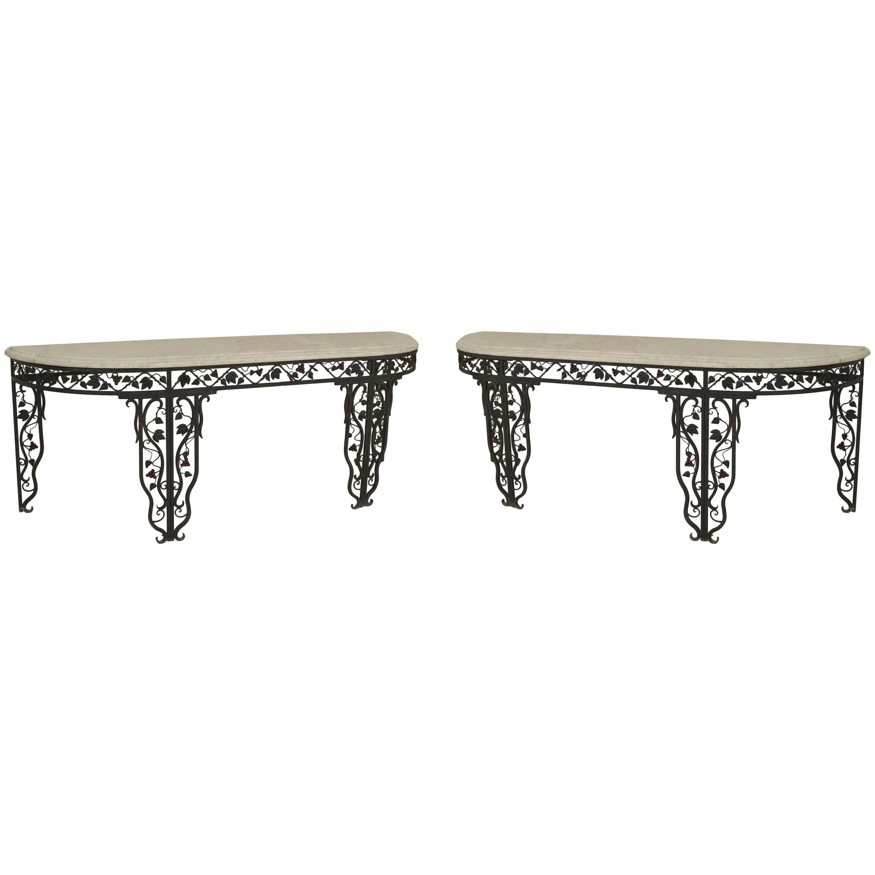 Pair of French Art Moderne Iron and Marble Console Tables For Sale