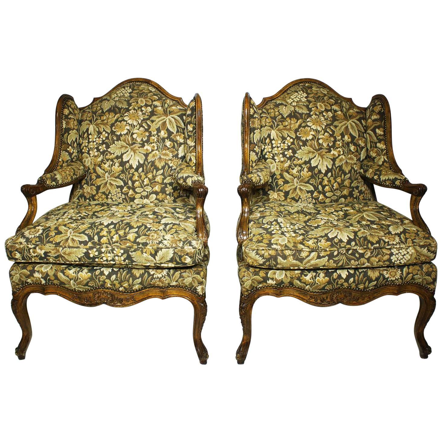 Fine Pair of French Louis XV Style Carved Walnut Wingback Fauteuil Armchairs