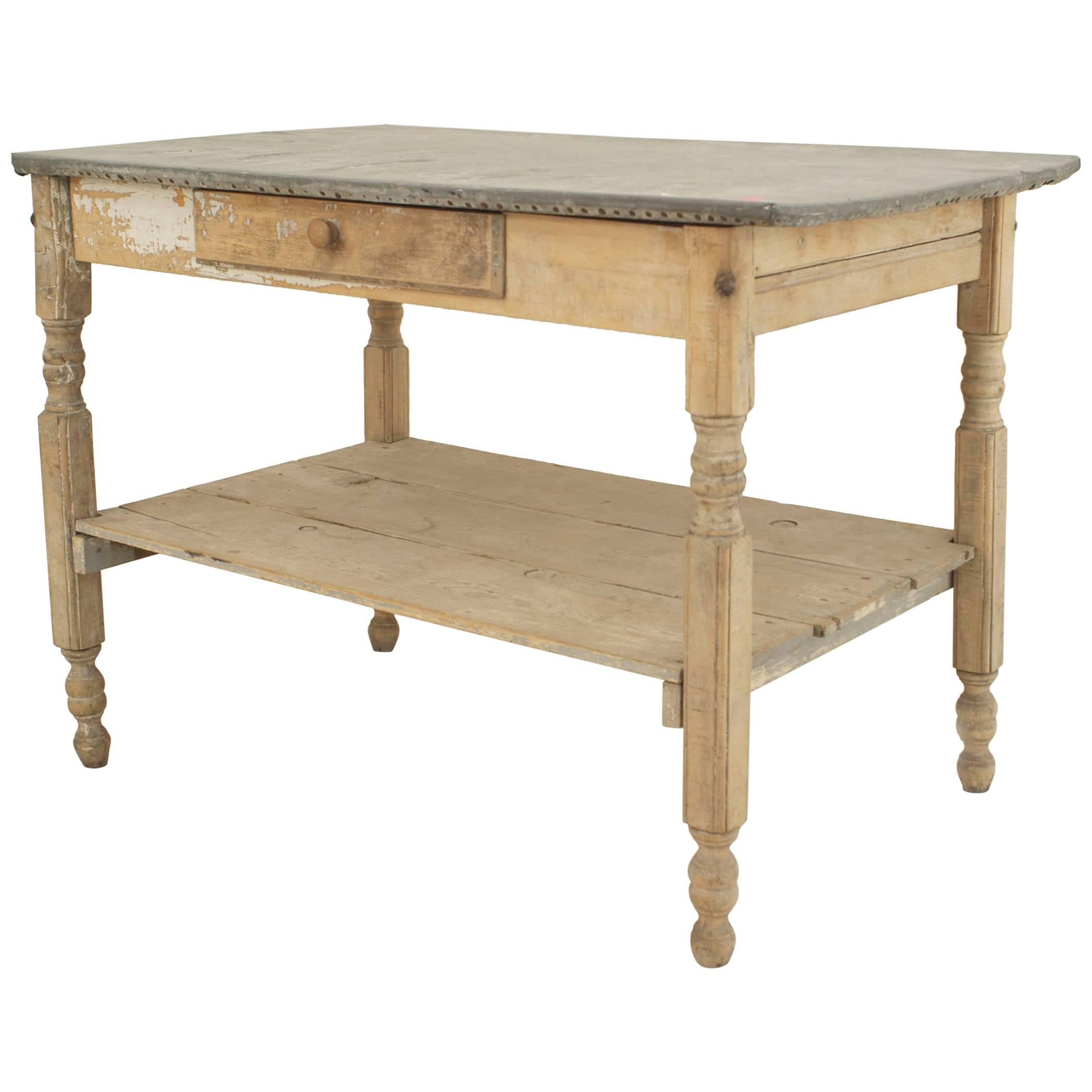 American Country Rustic Stripped Work Table with Zinc Top For Sale