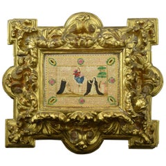 Vintage Frame with Vellum Painting, 17th Century