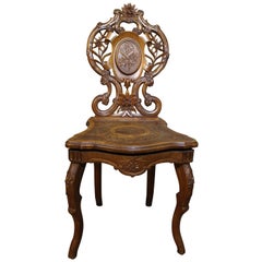 Swiss Brienz Carved and Marquetry Walnut Musical Chair