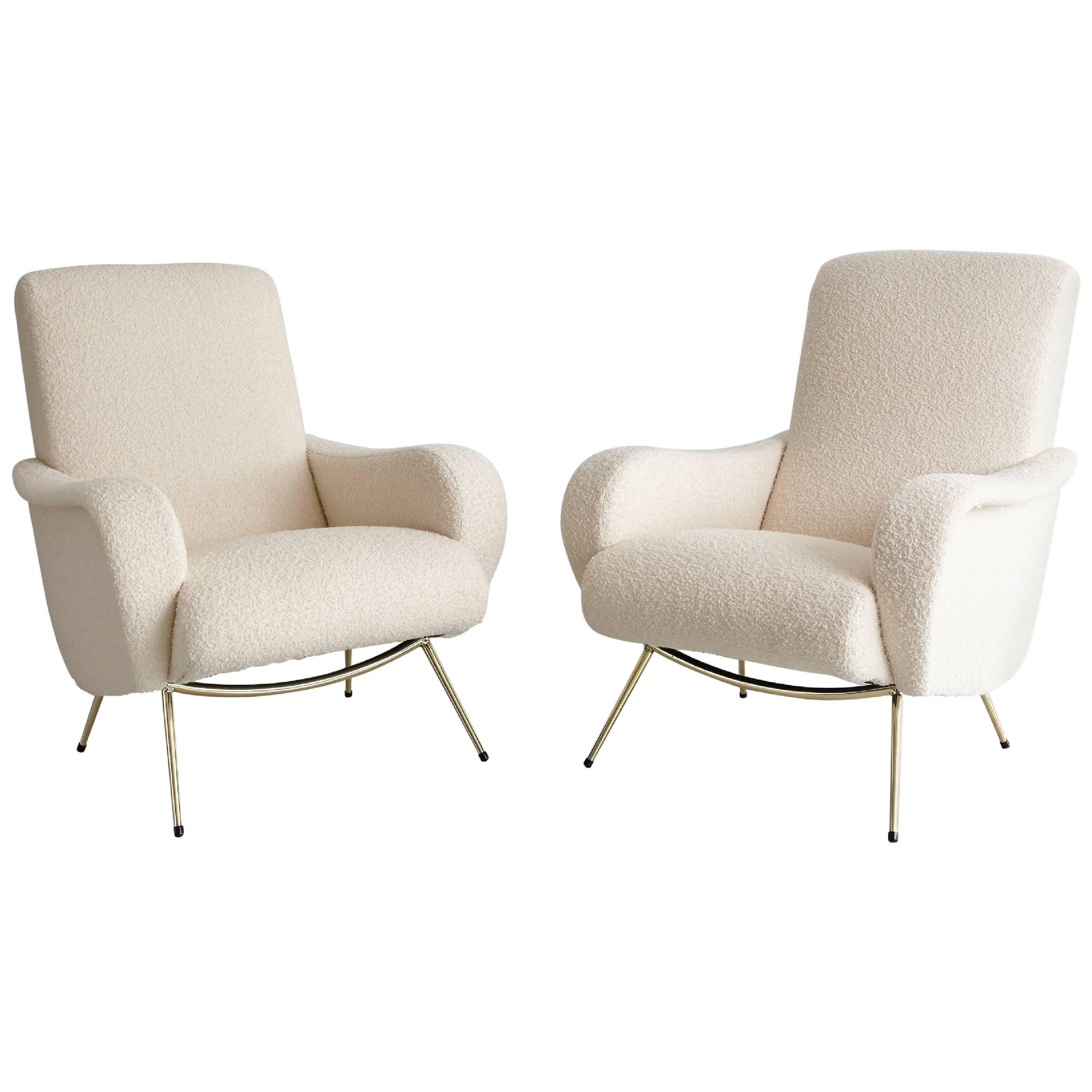 Pair of Italian Marco Zanuso Style Lounge Chairs in Wool Bouclé