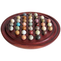 Antique Edwardian Marble Solitaire Board Game with 37 Agate Stone Marbles, circa 1910