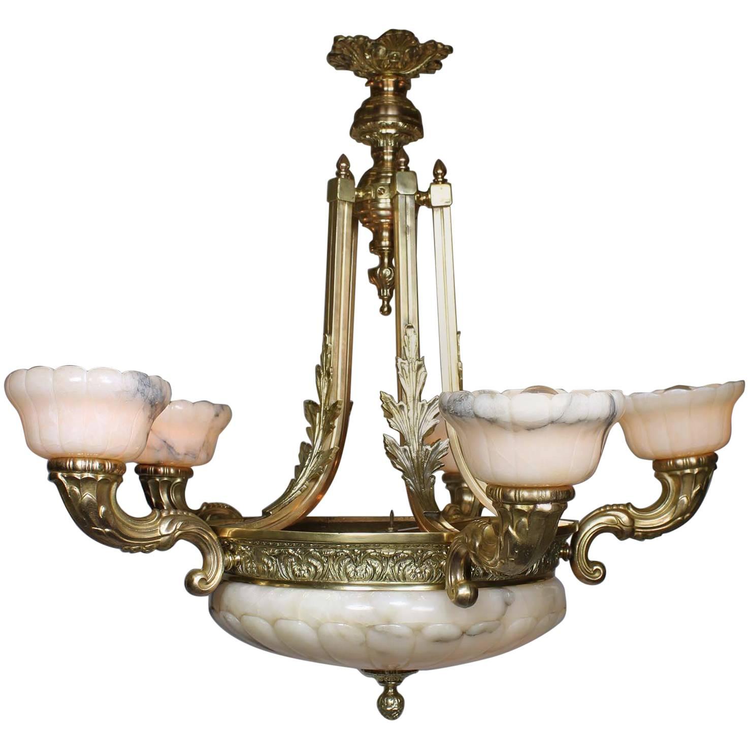 French 20th Century Art Deco Style Bronze and Carved Veined Alabaster Chandelier