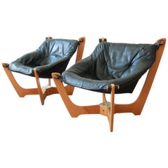 Pair of Odd Knutsen Teak Luna Chairs in Green Aniline Leather