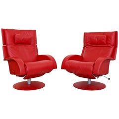 Mid-Century Modern Lafer Pair Red Leather Reclining Lounge Chairs 1970s Brazil
