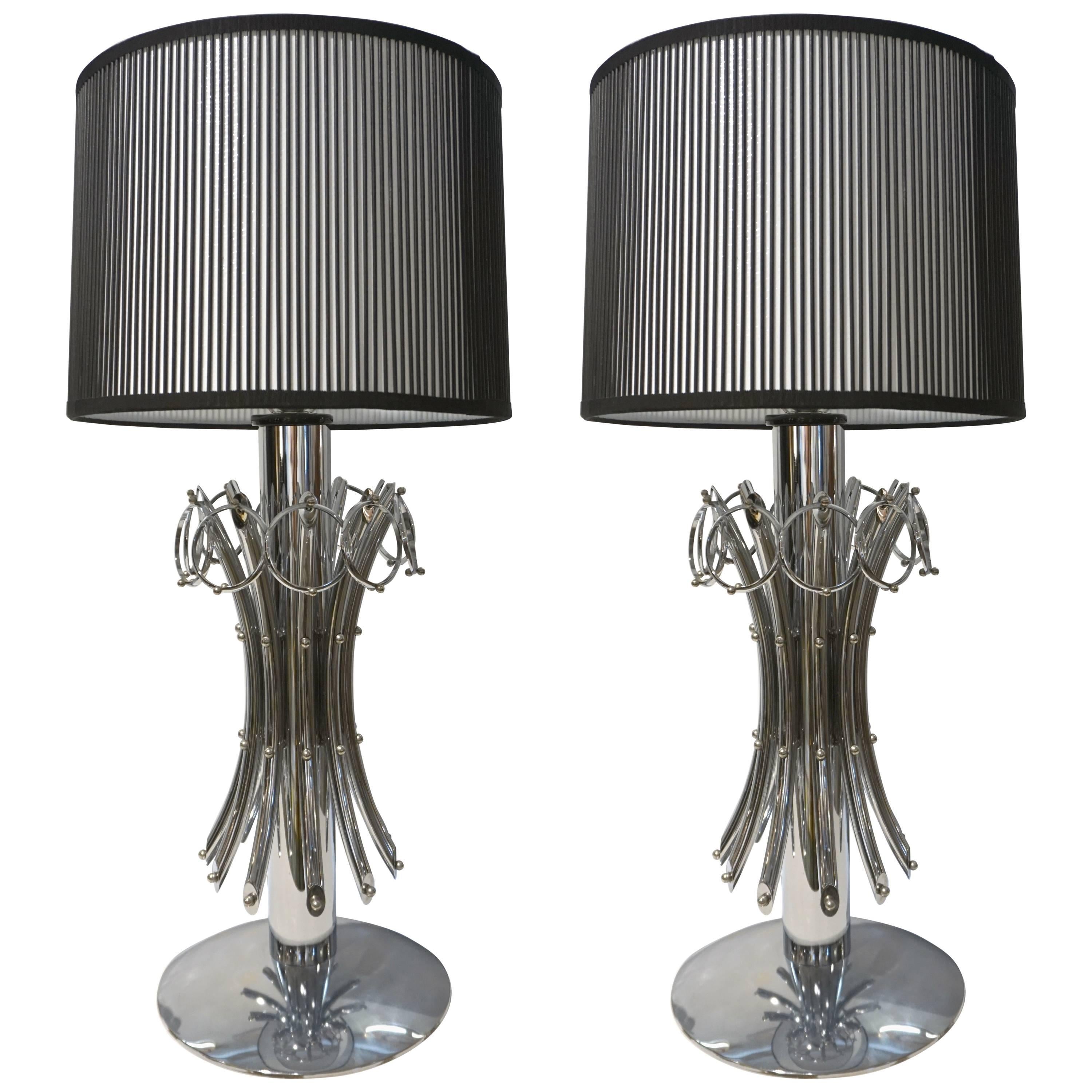 1970s Italian Vintage Tall Pair of Organic Nickel Table Lamps with Pendant Rings