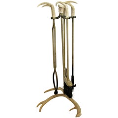 Mid-Century Modern Antler and Brass Fireplace Tool Set, 1970s