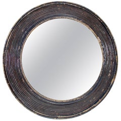 Vintage French Rattan Round Mirror Black