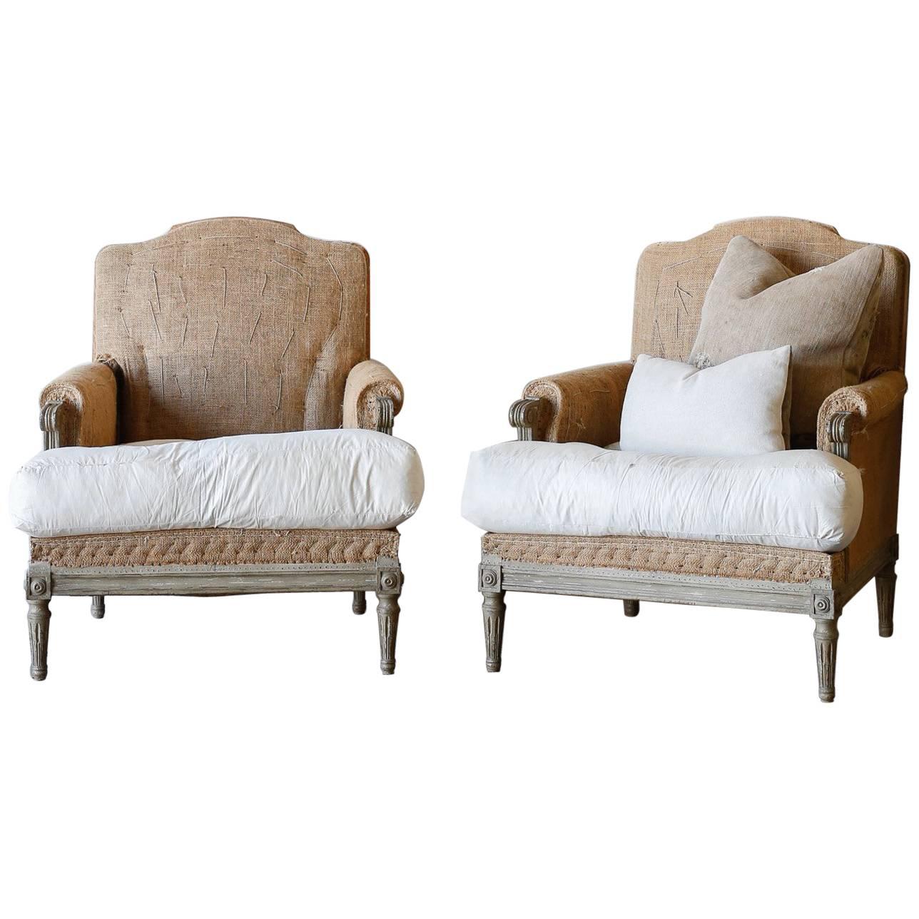 Pair of Antique Bergeres with Feather Cushions For Sale