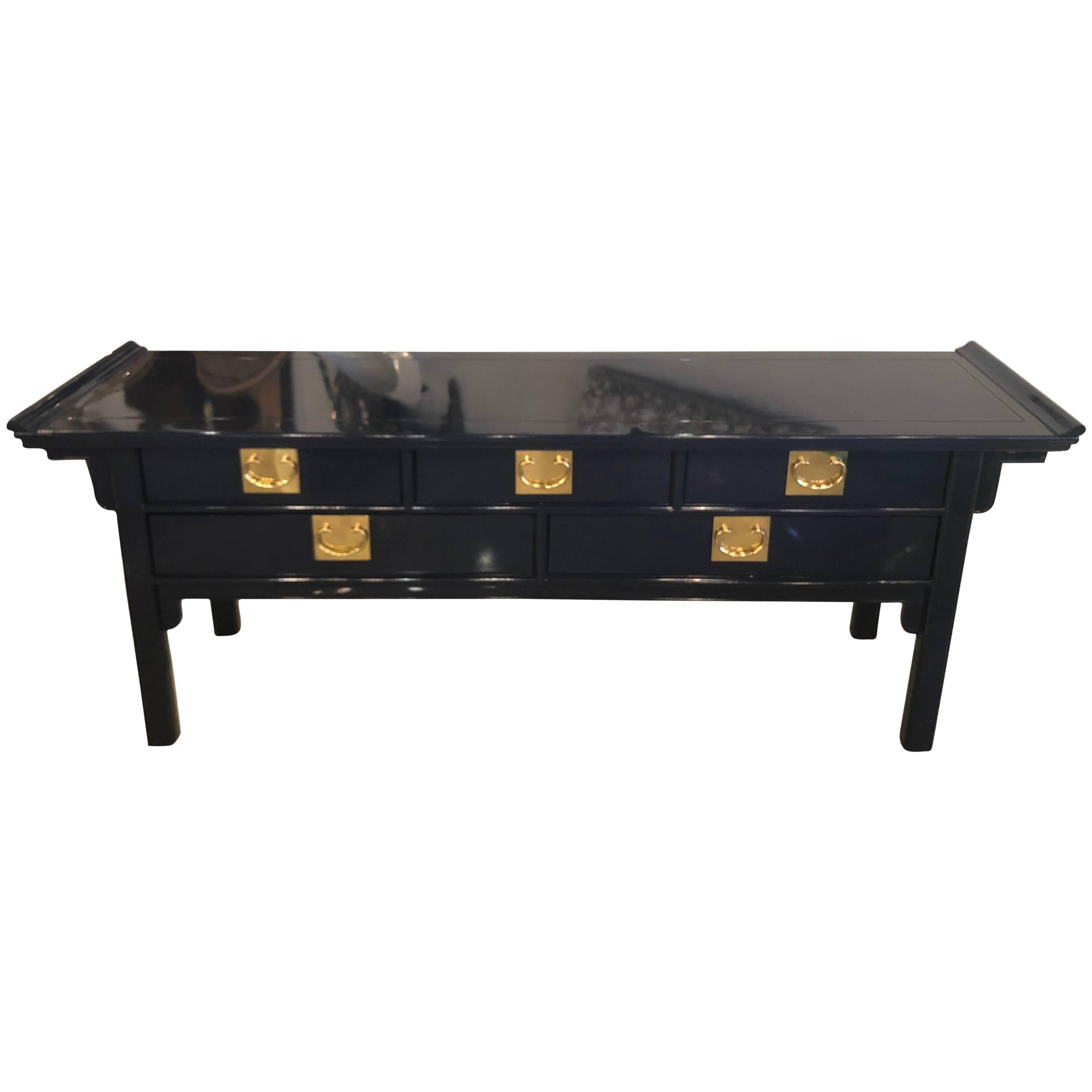 Pagoda Console Table by Century Newly Lacquered Navy Blue Brass Pulls