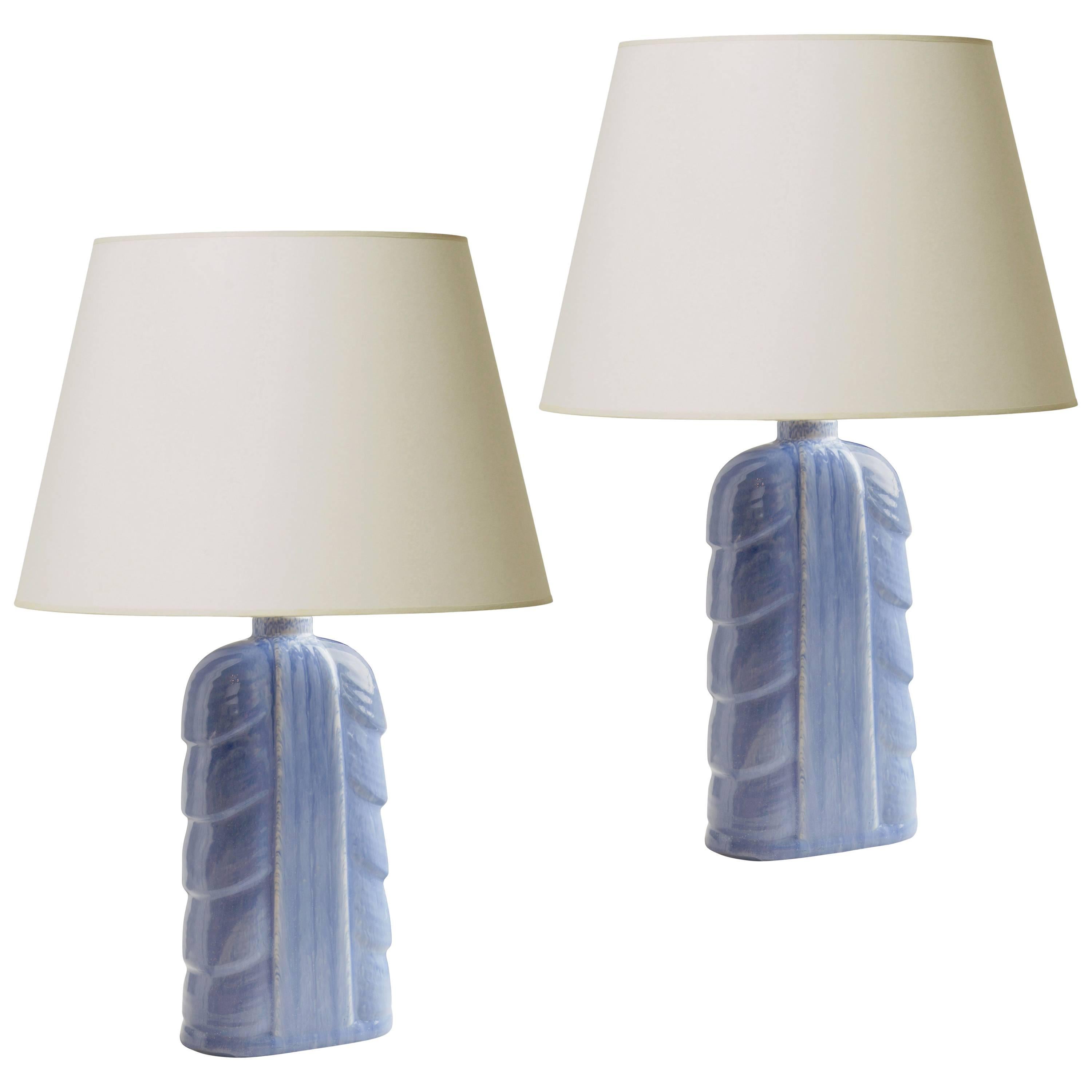 Pair of Table Lamps with Leafy Modeling and Periwinkle Glaze by Gunnar Nylund For Sale