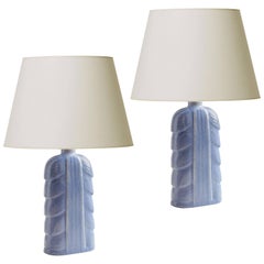 Pair of Table Lamps with Leafy Modeling and Periwinkle Glaze by Gunnar Nylund