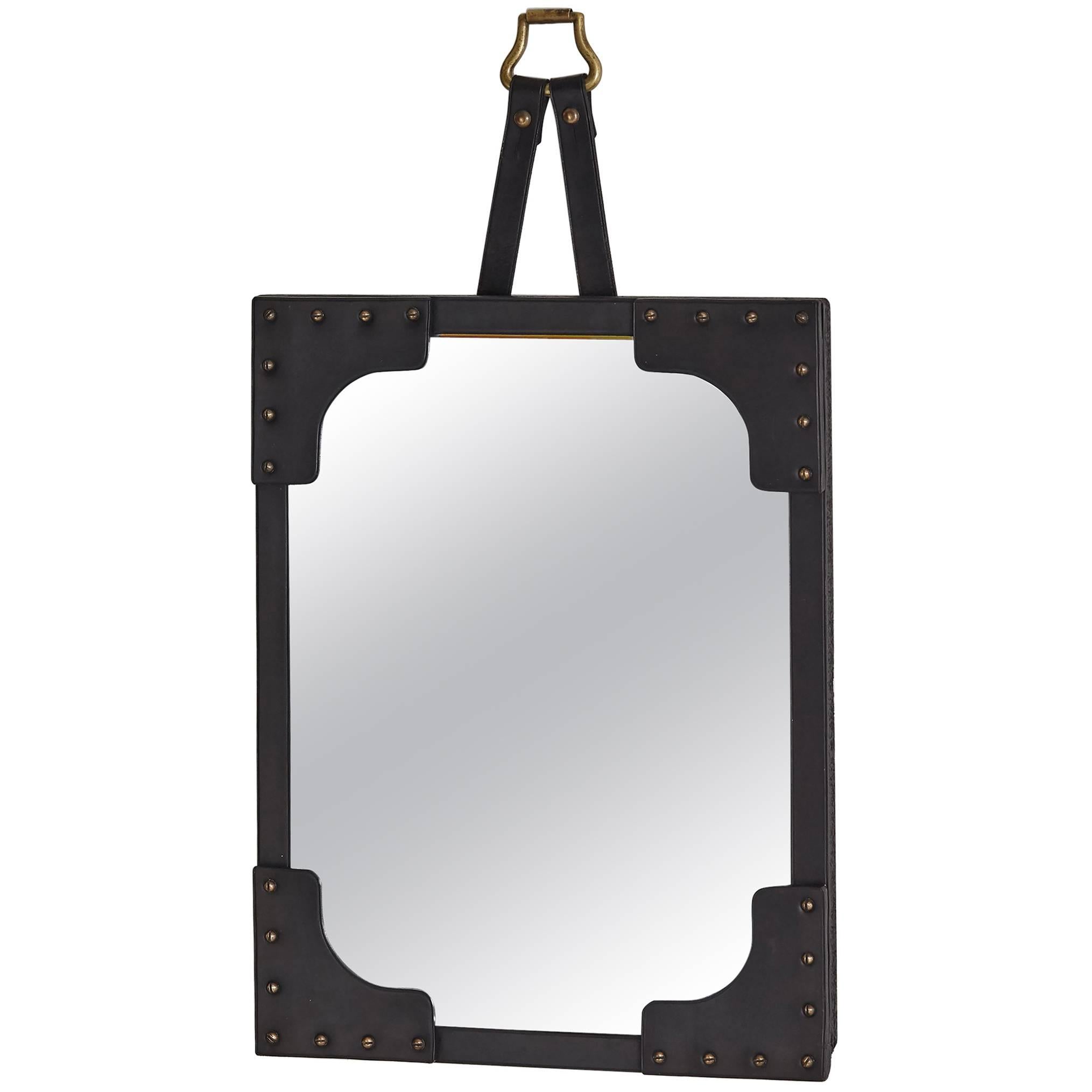 Studded Black Leather Jacques Adnet Mirror