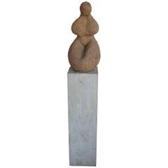 Retro Terracotta Female Sculpture with Pedestal