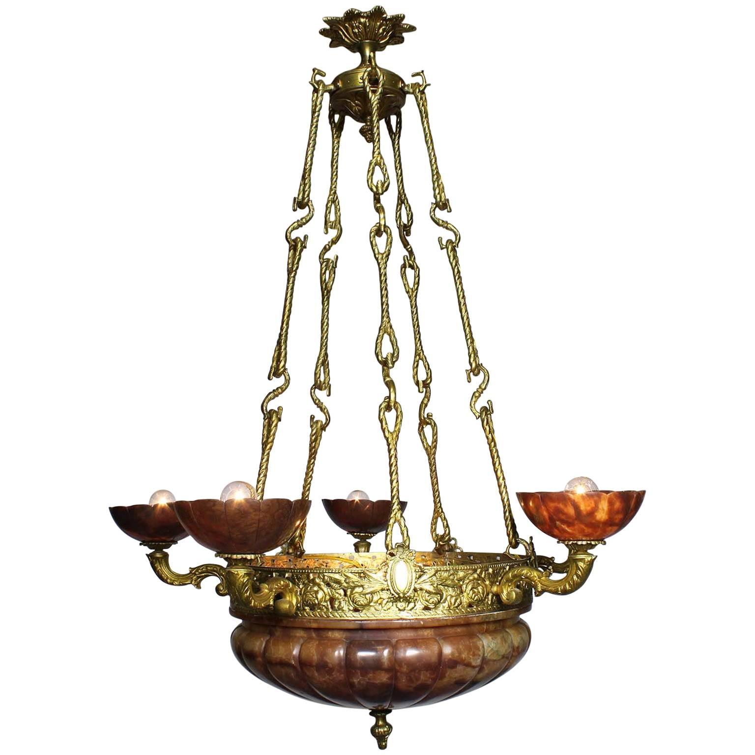 French Art Deco Bronze and Rubi Color Alabaster Five-Light Chandelier