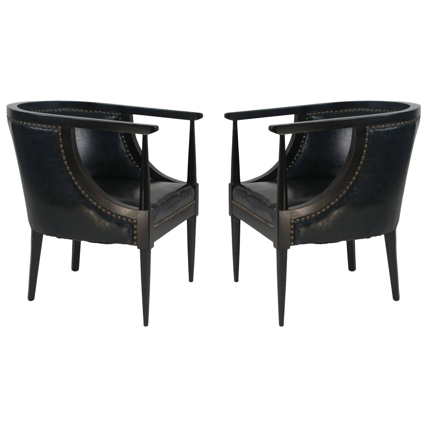 Black Leather Club Chairs with Bronze Nail Heads, Pair