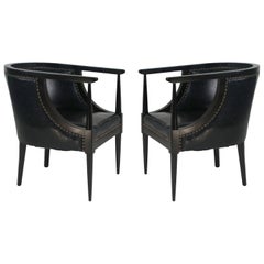 Vintage Black Leather Club Chairs with Bronze Nail Heads, Pair