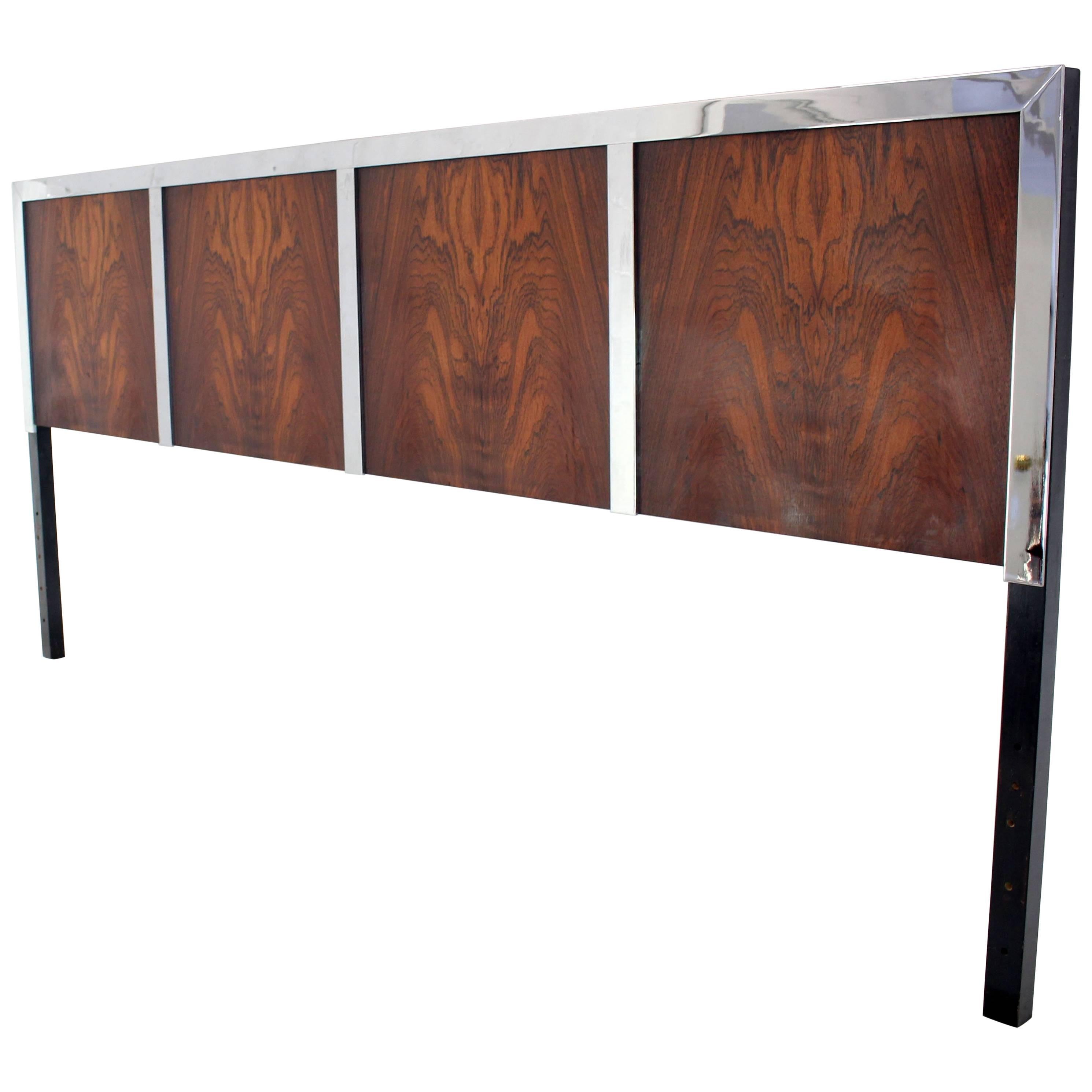 Rosewood and Heavy Chrome Mid-Century Modern King Size Headboard Bed
