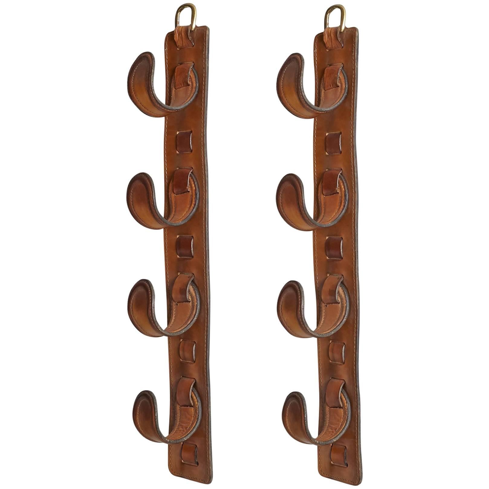 Pair of Jacques Adnet Leather Wine Holders or Hooks